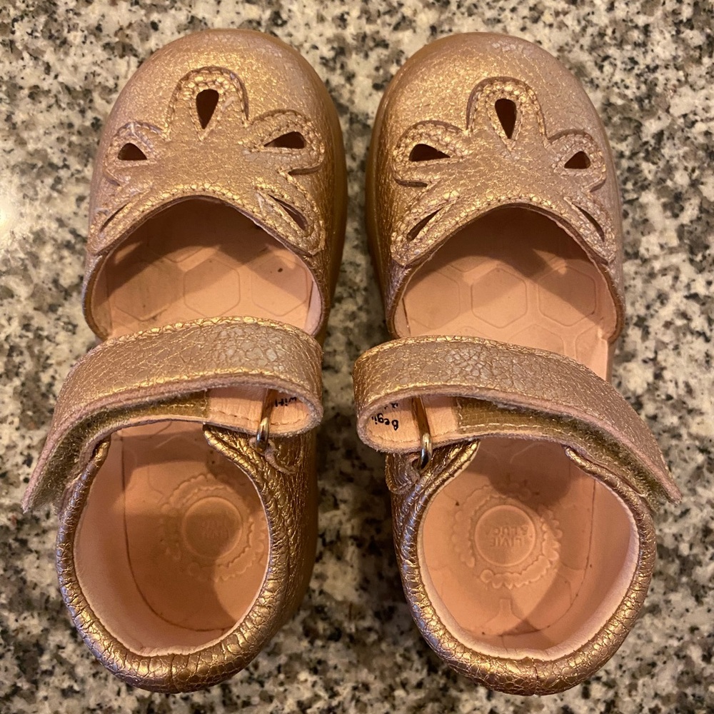 Livie & Luca Gold Dress Shoes with Floral Cutouts